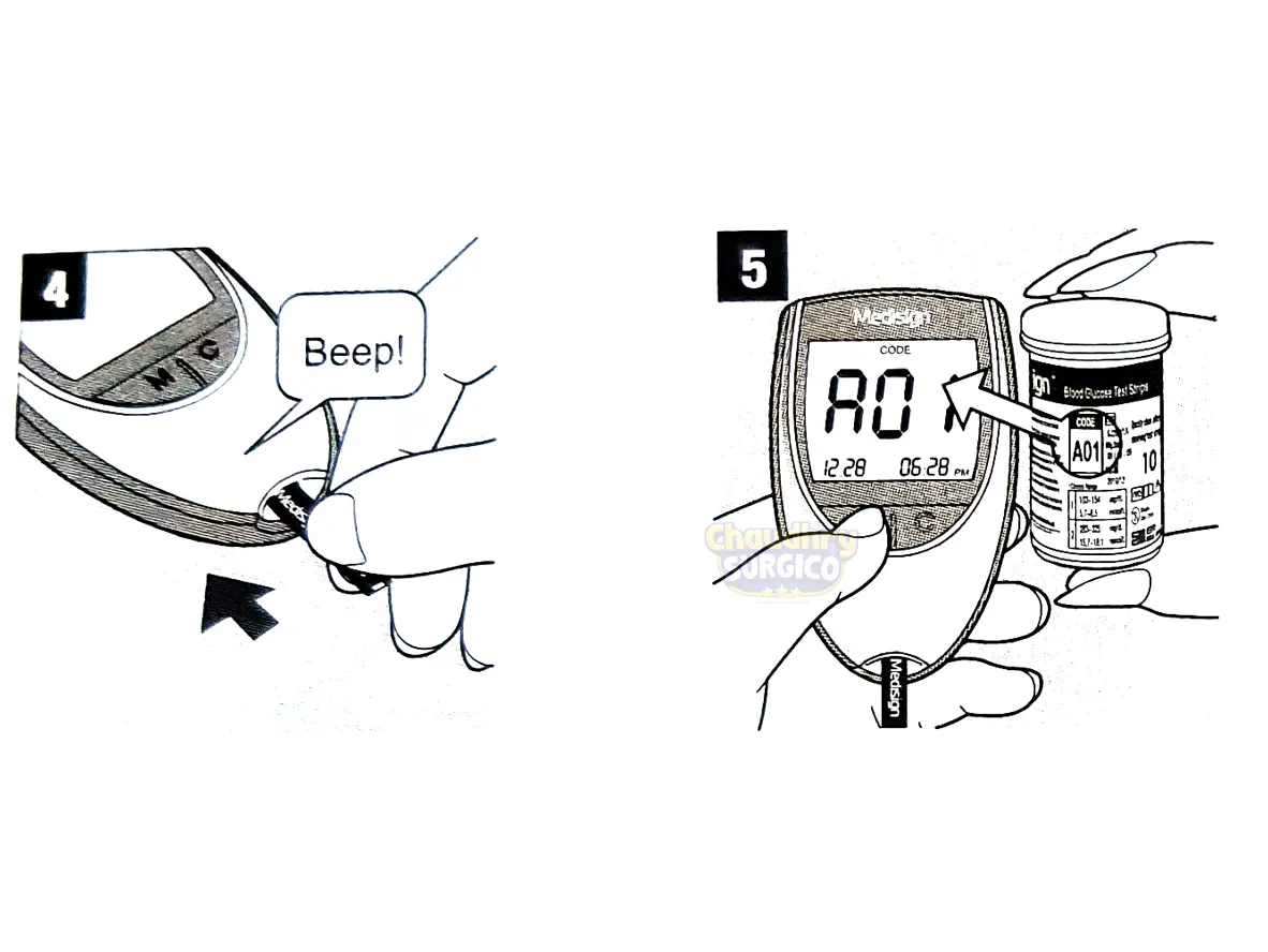 Glucometer Medisign MM800 -step2- Insert the test strips into Medisign Glucometer
