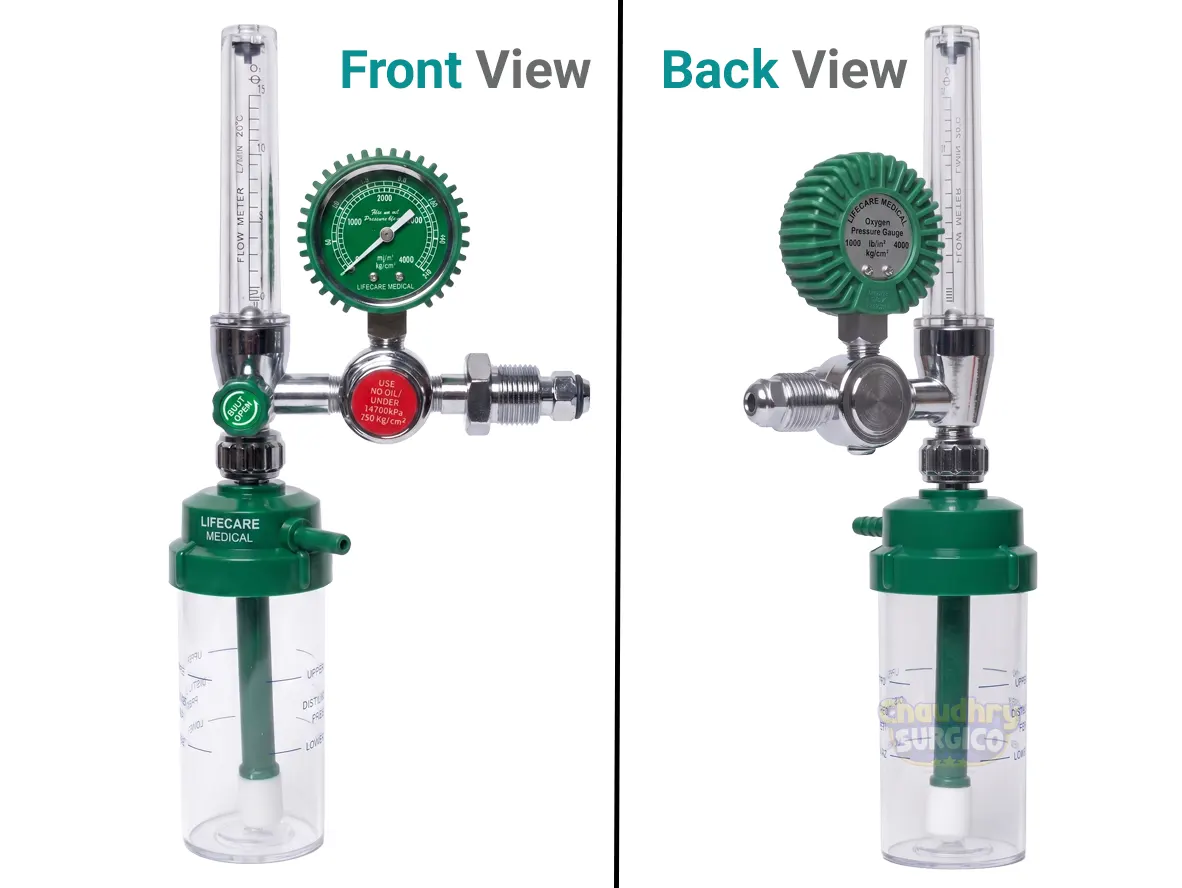 Oxygen Regulator Lifecare with flow meter and Humidifier - front and back view